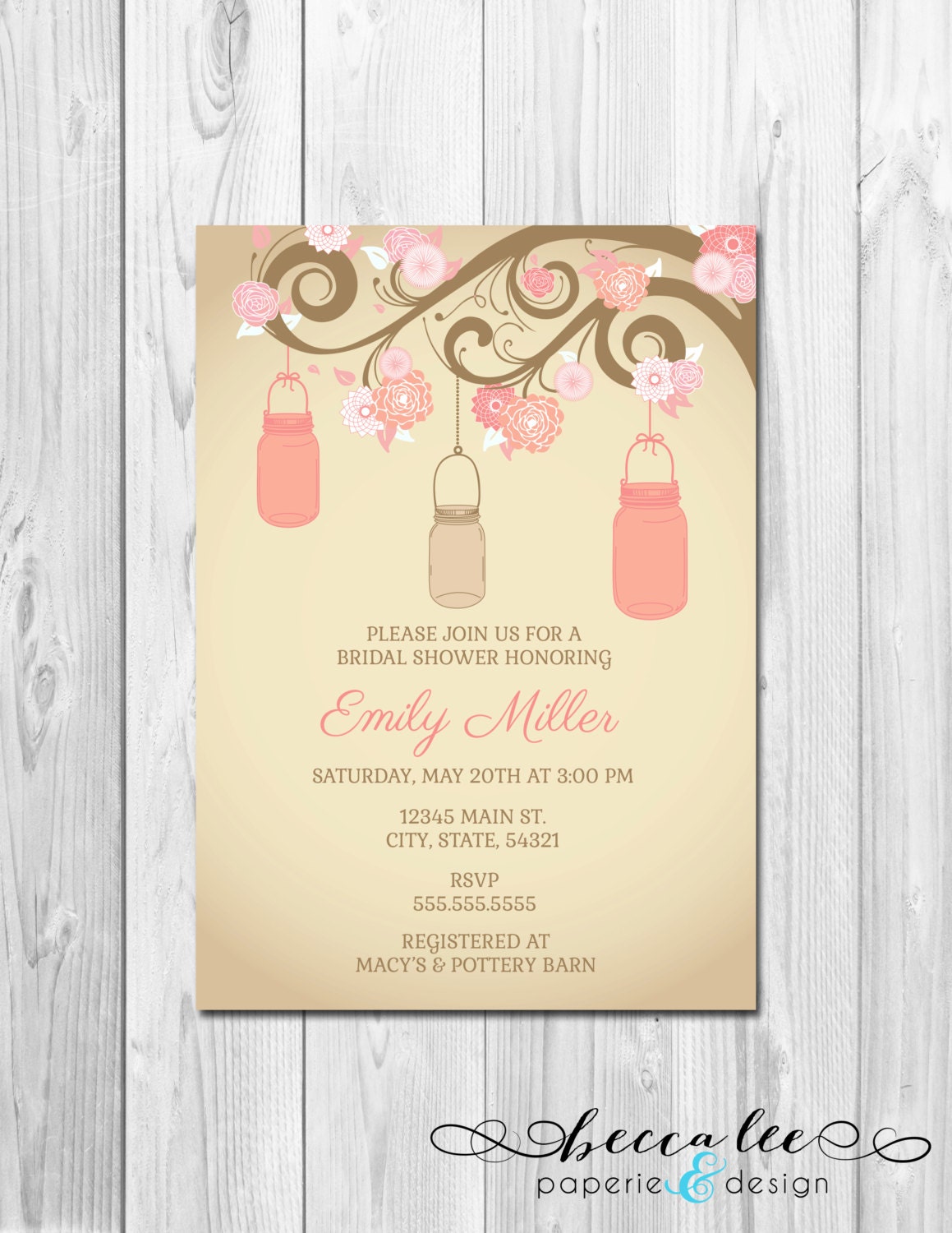 Mason Jar Branch Bridal Shower, Baby Shower, Birthday Invitation - Pinks - DIY - Printable Il_570xn