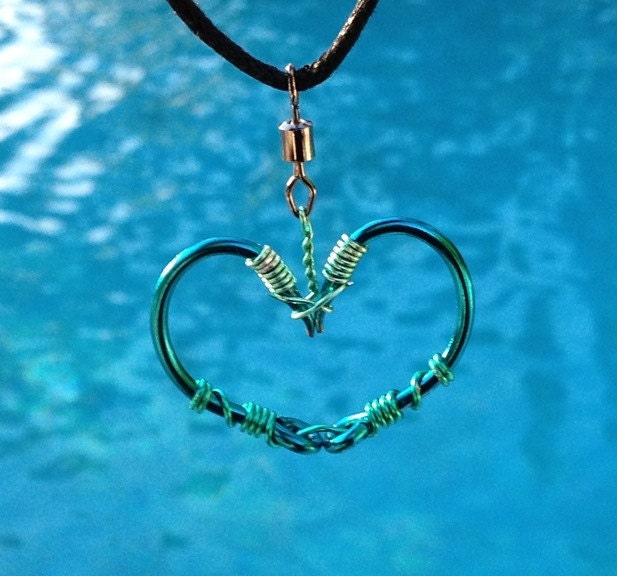 FISH HOOK HEART Necklace Seafoam Green on Teal by HookedOnKeyWest