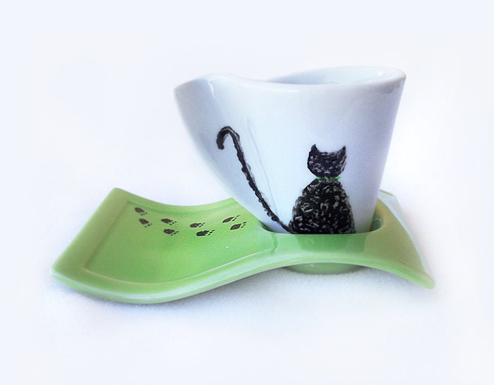 Porcelain Espresso Cup, Cat lovers cup, Hand Painted, Green, Coffee Cup - ThreeLittleCatsShop