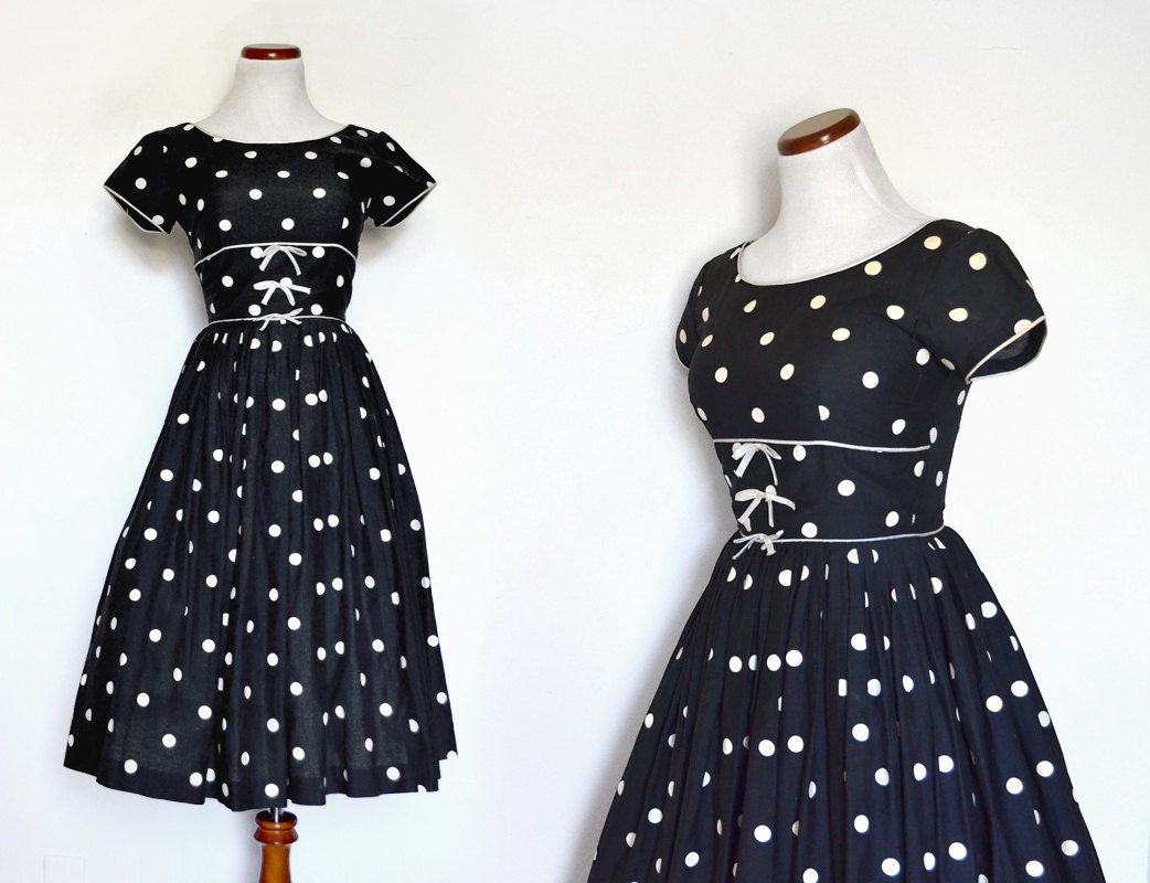 Polka Dot  Dress 1950 Dress 50 Dress Black Dress  Small Dress  50s Party  Little Black Dress  Women Clothing Dress  Vintage Clothing Dress