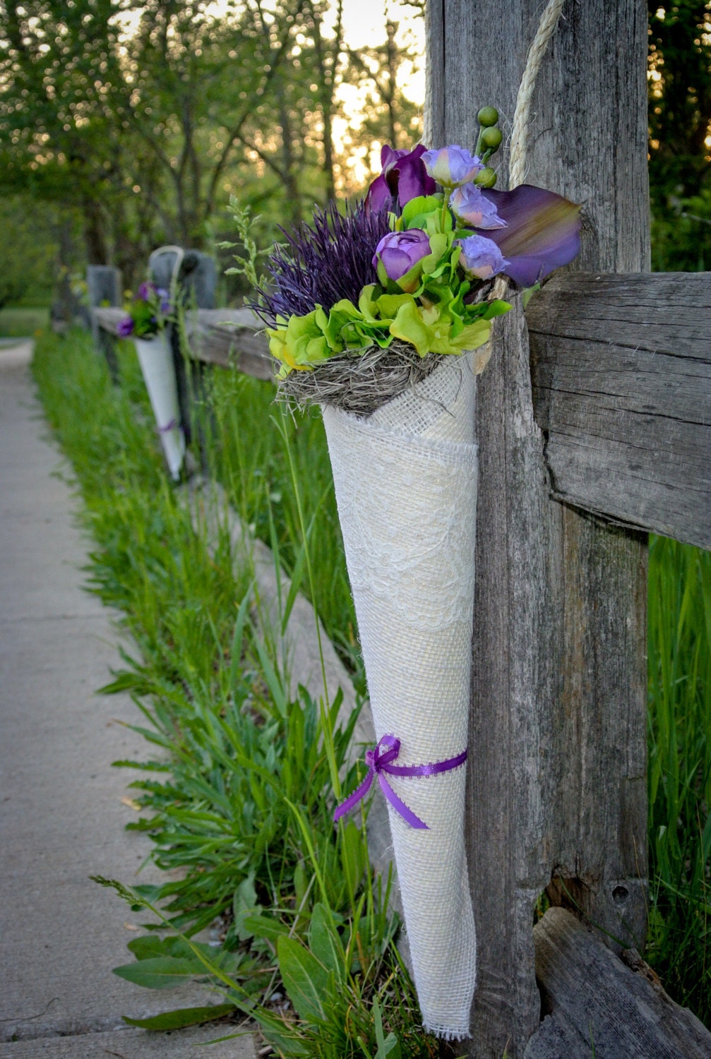 Burlap and Lace Flower Cone Decor with Purple and Lime Green Life-Like Flowers for Aisles, Pews, Chairs Wedding Decor