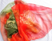 silk  scarf  color green - orange    100% silk Chiffon 3,5 Size: 45x180cm (71x18) Wrapped as a gift. hand painted - HelenaArtSilk