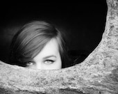 SALE, Black and White Photography - Hide 'n Seek - 8x10 Fine Art Photograph of Girl - Portrait Photography, Mysterious Eyes, Girl Hiding - FeatheredDragonfly