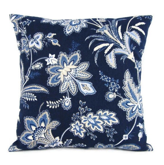 Navy Blue Pillow Cover Floral Botanical Stripe by GigglesOfDelight