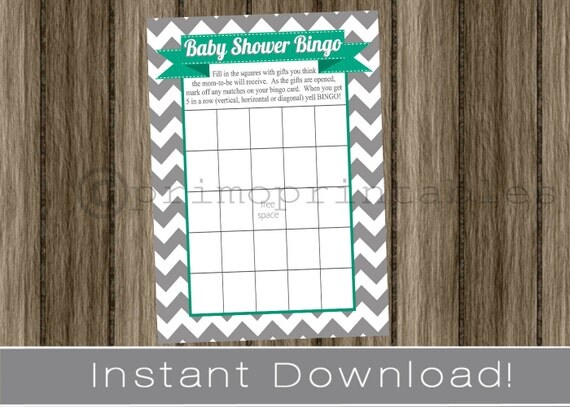 Baby Shower Bingo Game Cards gray chevron and emerald green INSTANT DOWNLOAD diy digital printable file print your own Il_570xn