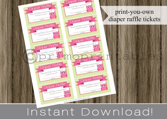 Baby Shower Diaper Raffle Tickets pink owls INSTANT DOWNLOAD diy digital printable file print your own Il_570xn