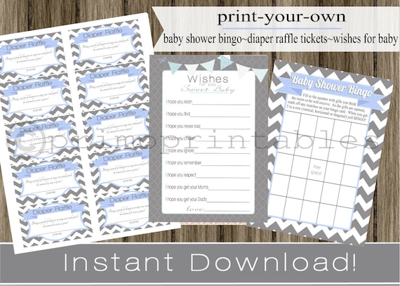 Baby Boy Shower Games, Bingo Diaper Raffle Tickets Baby Wishes cards gray chevron light blue, for boy, INSTANT DOWNLOAD digital printable Il_570xn