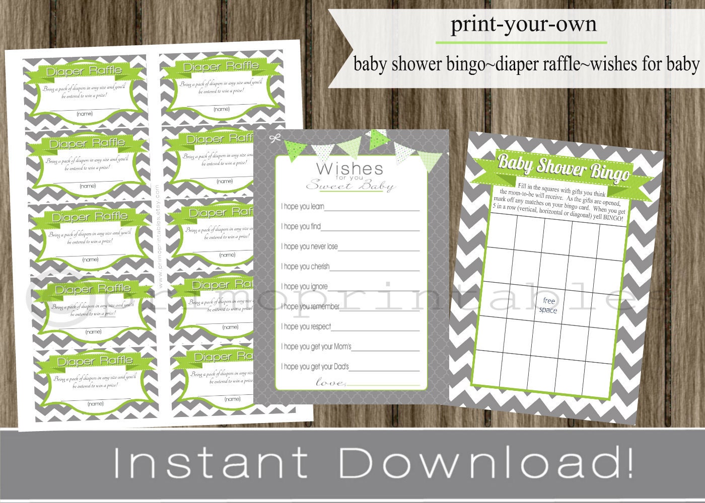Baby Shower Bingo Game Cards, Diaper Raffle Tickets, Wishes for Baby gray chevron and lime green INSTANT DOWNLOAD diy digital printable file Il_570xn