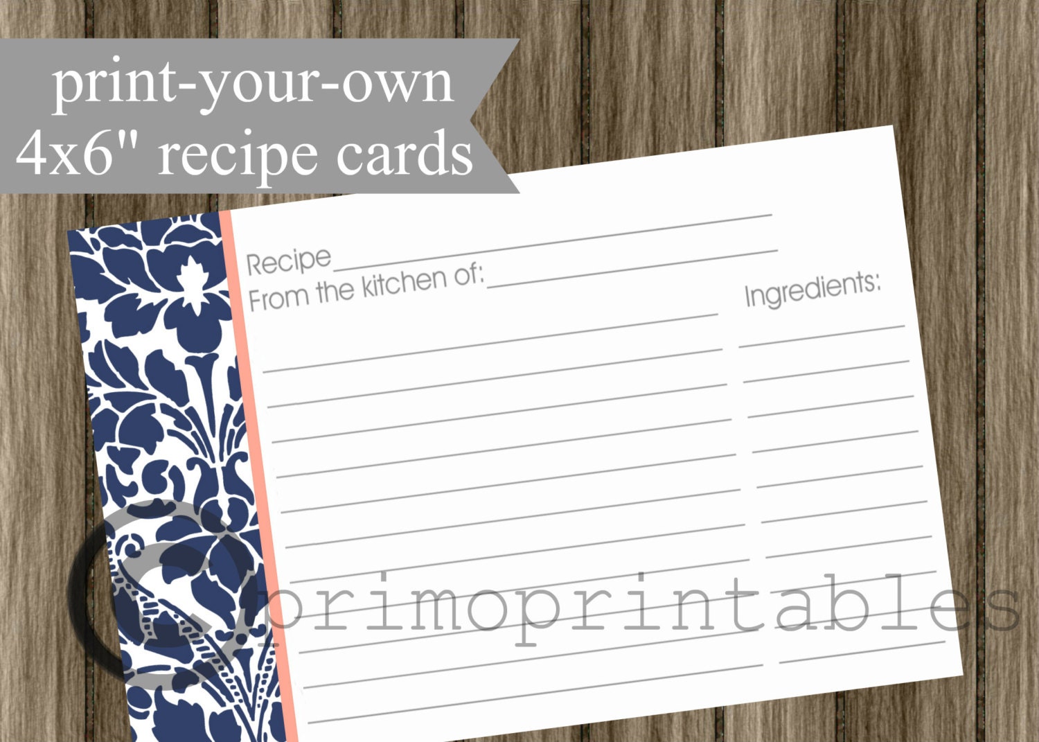 Printable Recipe Cards DIY navy blue damask with coral pink INSTANT DOWNLOAD digital Print Your Own 4x6 inch bridal shower gift Il_570xn