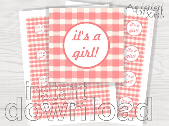 it's a girl printable circle peach pink plaid square background for baby girl shower party DIY cupcake toppers favor bag Il_570xn