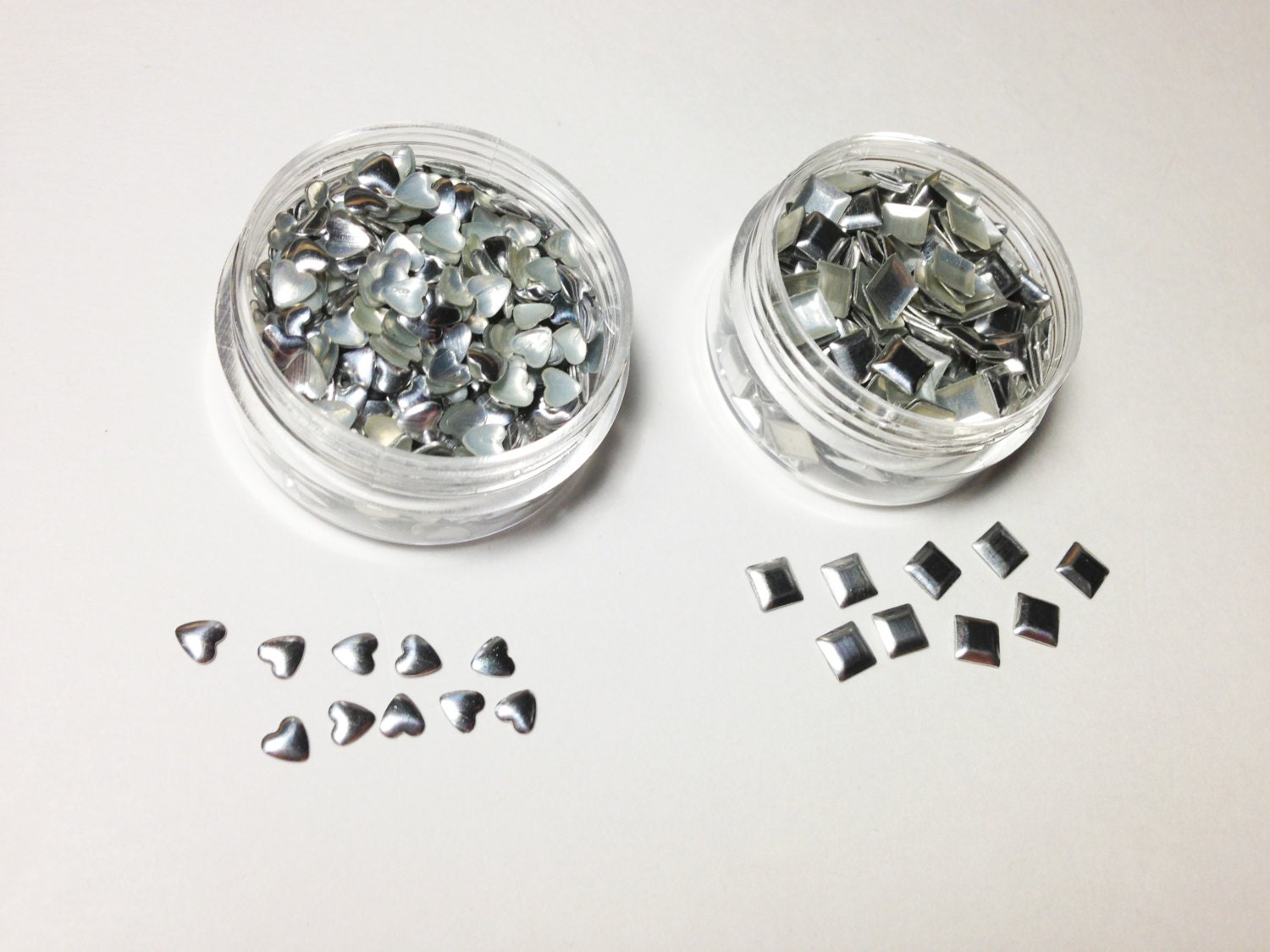 100 Flatback Silver Nail Studs (Hearts or Squares)