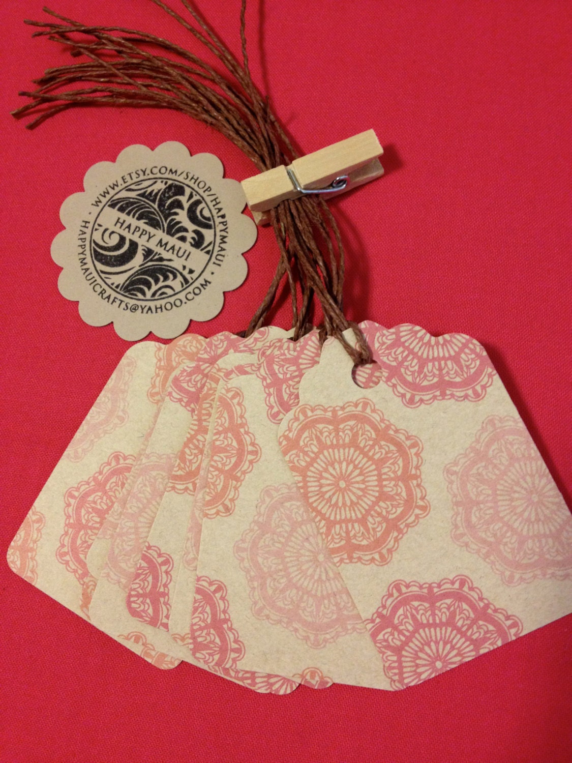 Buy gift tags and cards handmade - Set of 8 gift tags vintage style doily design recycled card stock handmade all occasions pink