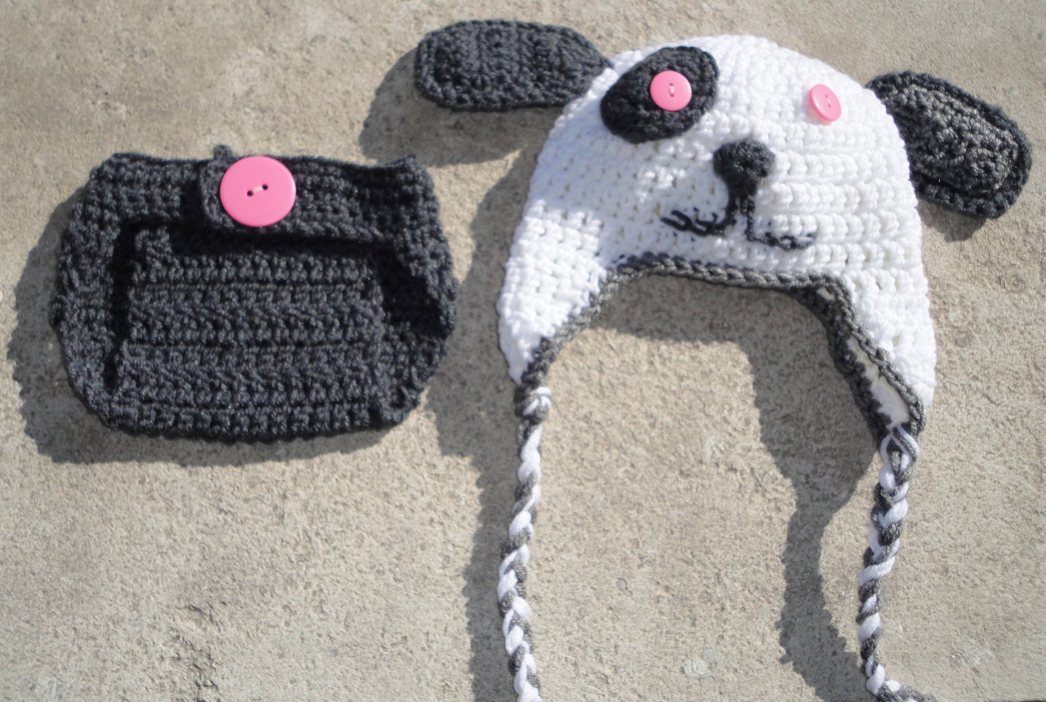 Crochet Gift Set Puppy Hat and Diaper Cover Grey White and Pink  for Infants 0 to 6 Months - sewcroco