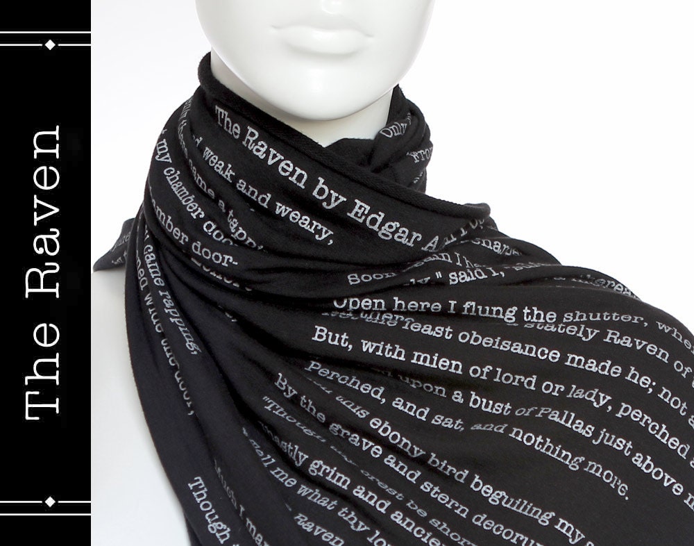 The Raven poem on the scarf - Straight Scarf - Black -Text Scarf - Book - Edgar Allan Poe - Poetry