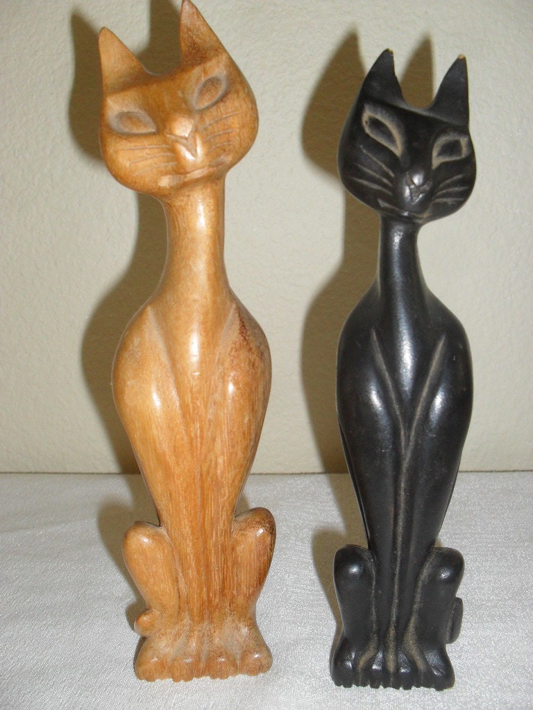 vintage hand carved wood cat statues by VintageSpecialty on Etsy
