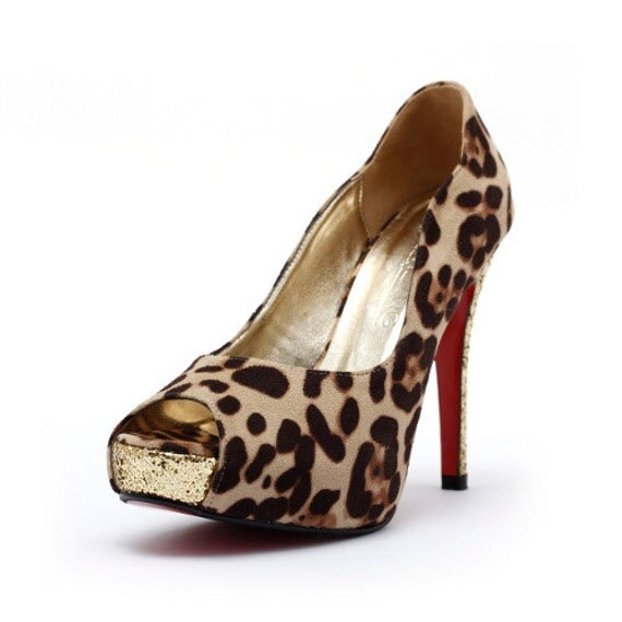 Leopard Print Peep Toe Pumps, Leopard Print Glitter Heels, Leopard Print Feline High Heels