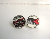 hand cut vintage book cover and sterling silver stud earrings black white and red - nocturneii