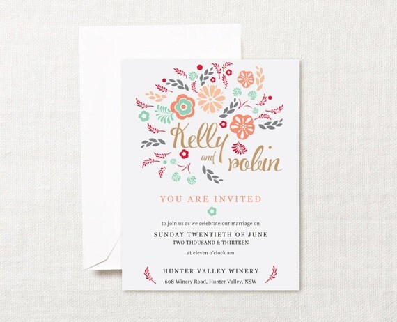 Floral Pink and Mint Floral Wedding Invitation Printable - garden wedding invite, spring rsvp / reply card set Il_570xn