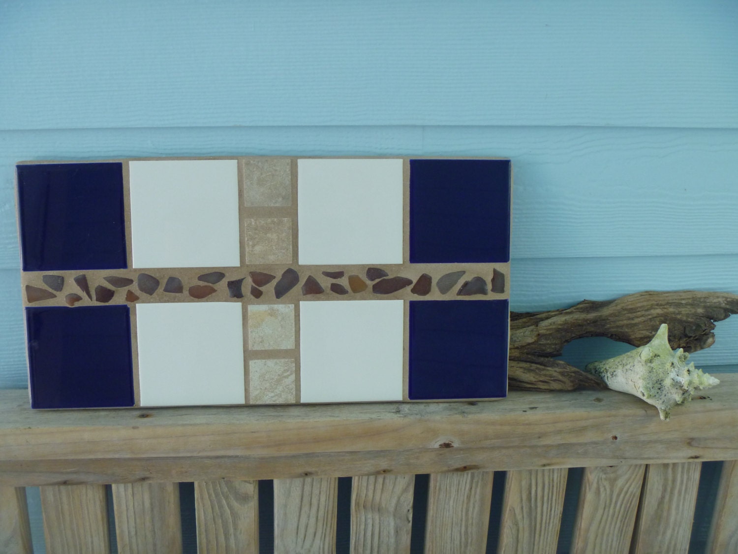 Seaglass with blue and white tiles outdoor wall decor -  coastal home accents - SurfStreetDesigns