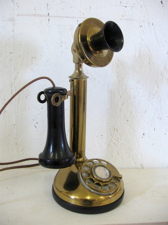 Vintage Rotary Brass Candlestick Telephone Art Deco by LesBac old style phone jack wiring 