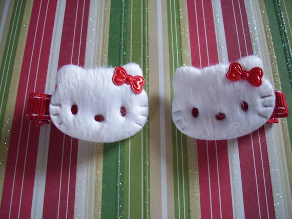Hello Kitty White Soft Furry Hair Clips With Red Bows Girls Hair Accessories