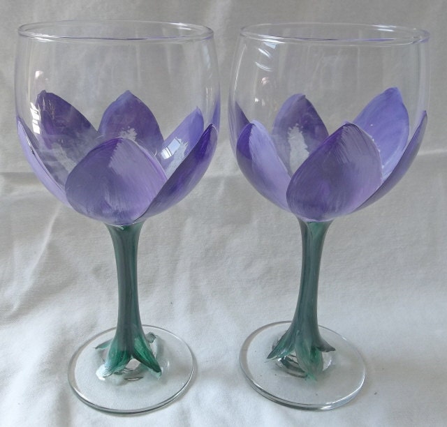 Hand Painted set of two Purple Tulip Wine or Champage Glasses - CreativePaintedBella