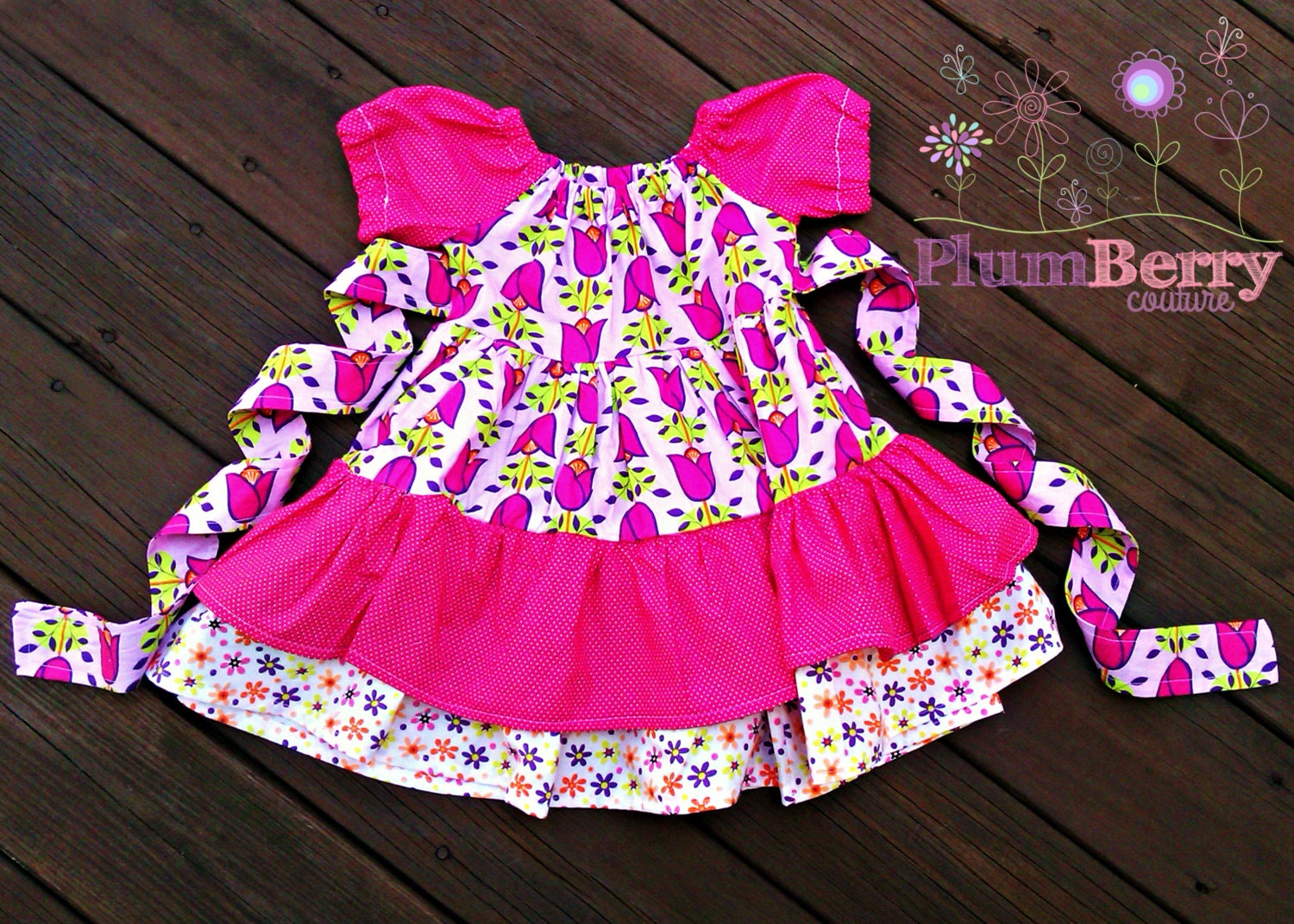 Girls'  "Garden Party" Peasant Dress Sizes 6-8 - PlumberryCouture