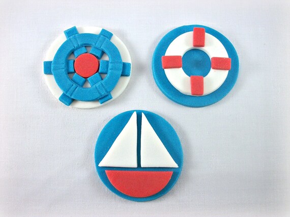 Nautical Cupcake Fondant Toppers, Nautical Fondant Cake Topper, Nautical Birthday CookieToppers, Nautical Baby Shower Edible Toppers-12 pcs Il_570xn