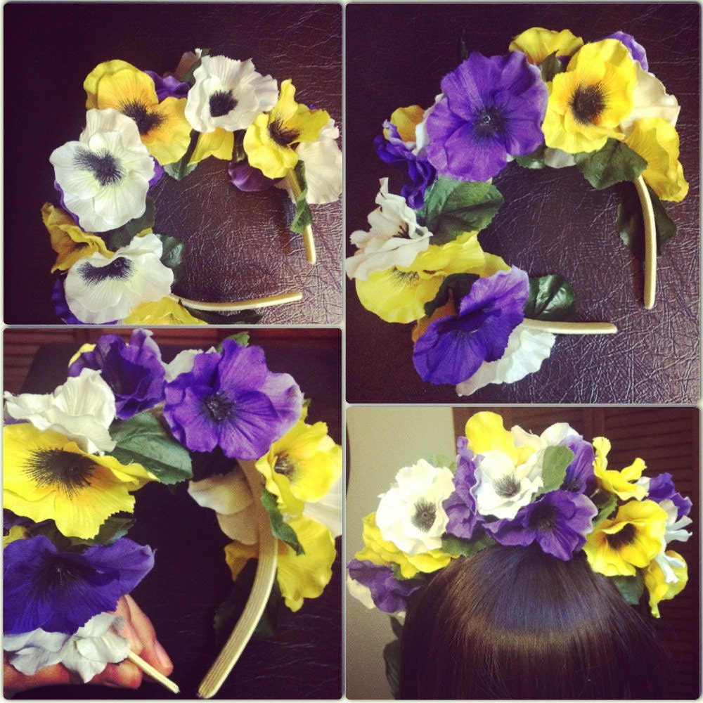 Multi-color yellow, purple, while pansy flower headband / flower crown