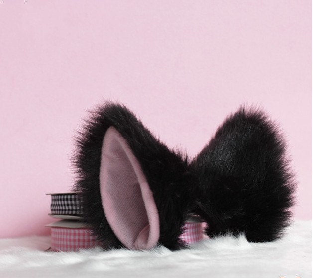 Black long Fur inner pink Cat Ear cat ear clip by CHcatfamily