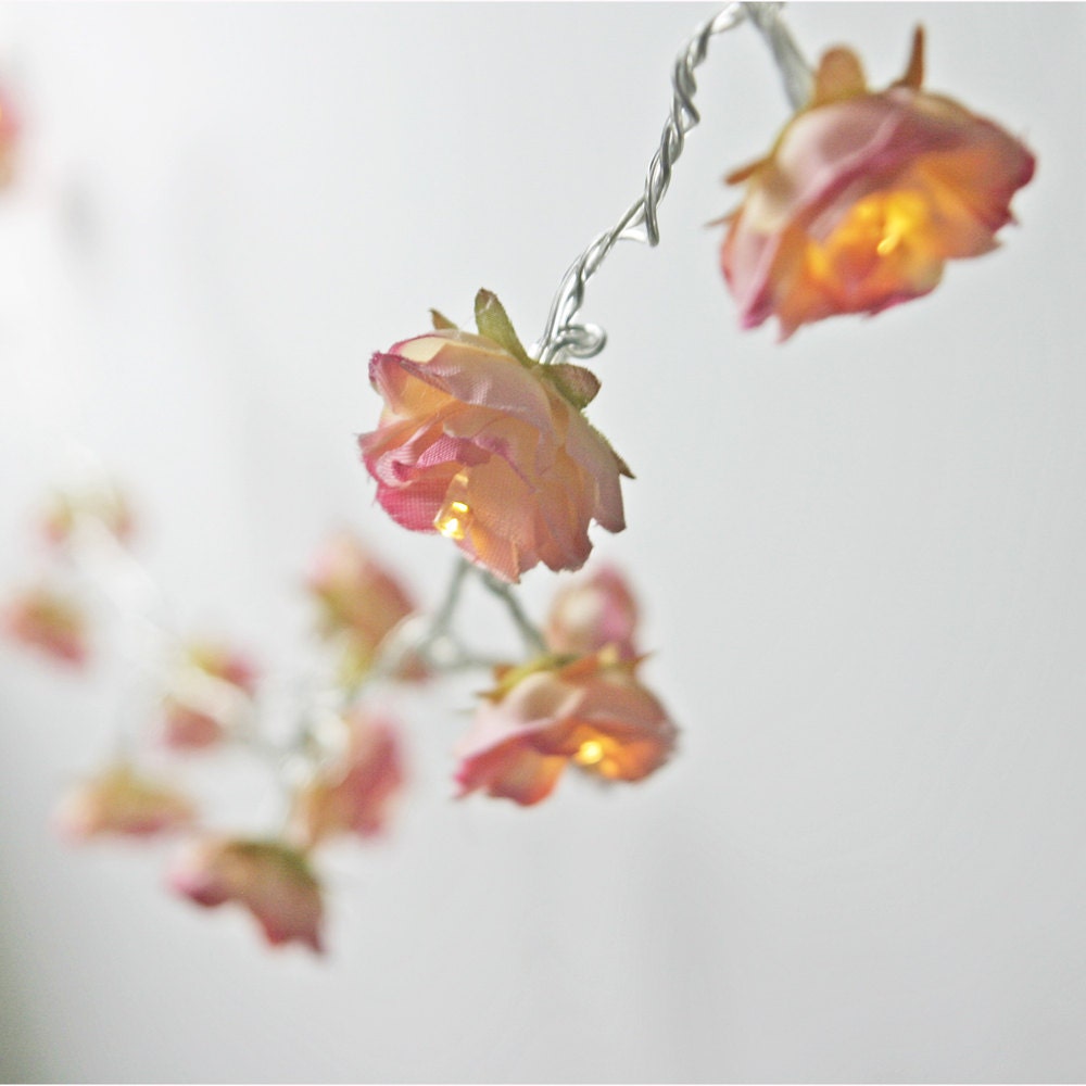 Rhubarb and Custard Longer Shabby Rose Fairy Lights Pretty Flower String Light Garland - PamelaAngus