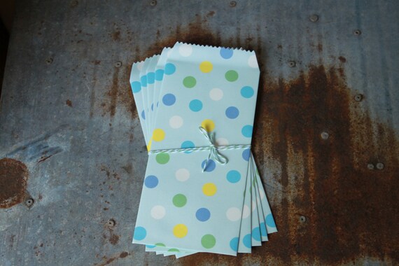 Money Envelopes -- Paper Favor Bags -- 10 count -- blue w/ blue,green,yellow polka dots Il_570xn