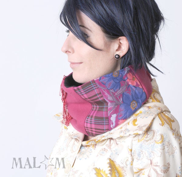 SALE Hot Pink Cowl Scarf plaid, flowers and fringes - Fuchsia Cowl scarf - neckwarmer
