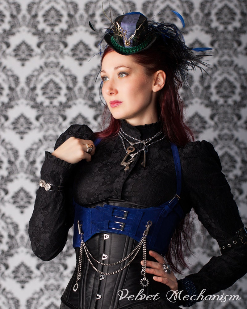 Steampunk Harness Royal BLUE Velvet Faux Suede Underbust Bodice with Silver Gears, Buckles, Chain, and Antique Keys by Velvet Mechanism - velvetmechanism