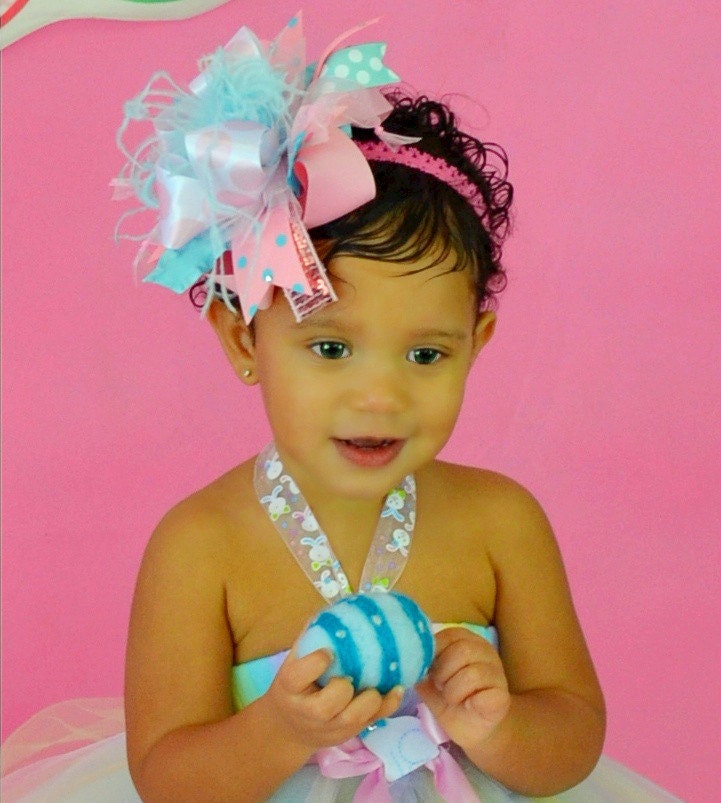 Sassy Pink and Aqua Polka dots and Bling Over the Top Hair Bow with matching headband