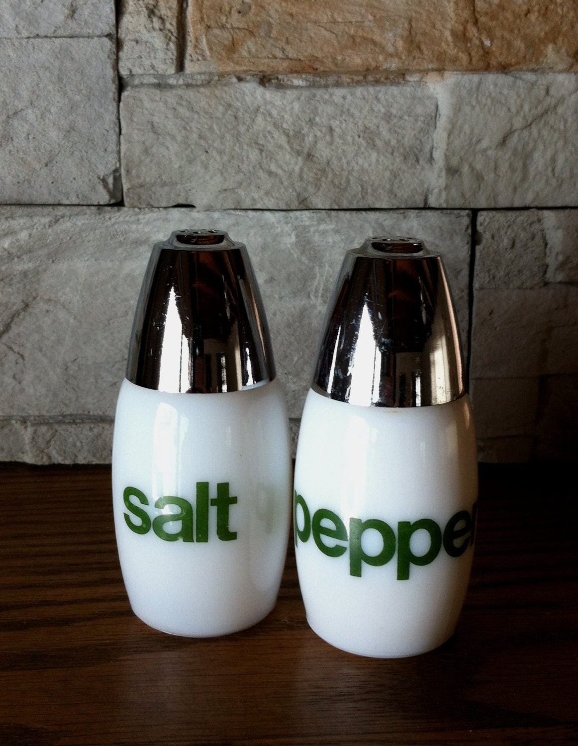 Salt and Pepper Shaker Set Vintage Helvetica Typography Mid Century Modern Milk Glass - TheOddsmaker
