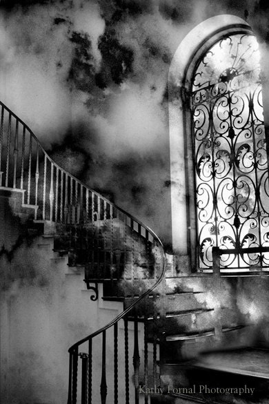 Black and White Photography, Surreal Gothic Staircase, Ethereal Spooky Haunting Eerie, Fantasy Fine Art Photography 5" x 7" - KathyFornal