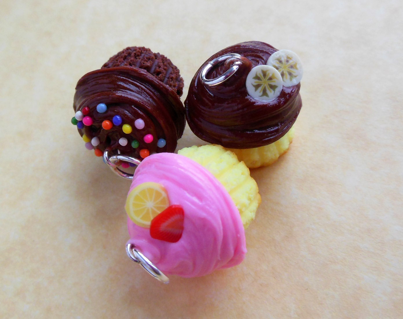 polymer clay cupcake charm trio chocolate with sprinkles strawberry lemon chocolate banana
