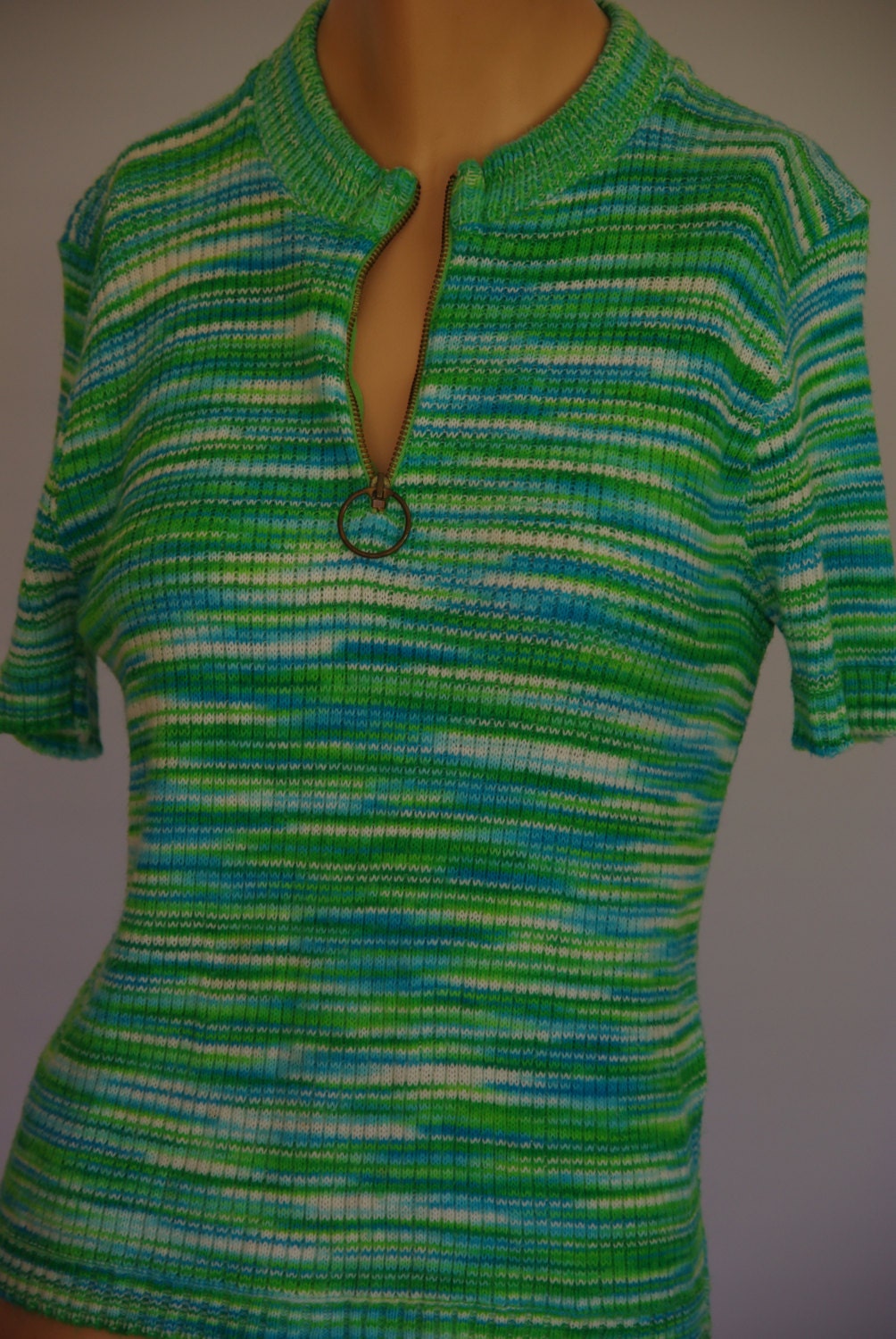 Cute green and blue 1970s short sleeve summer knit top