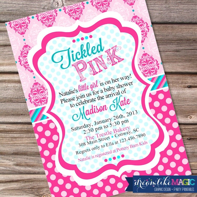 Baby Girl Tickled Pink Invitation with Damask Polkadots Pink and Blue Printable Invite Il_570xn