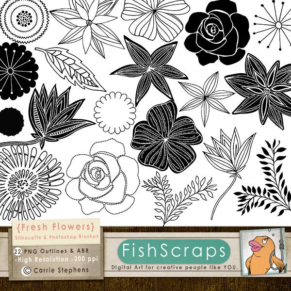 Fresh Flower ClipArt & Photoshop Brushes - Floral - Rose - Modern - HandDrawn Outlines and Digital Stamps Il_570xn