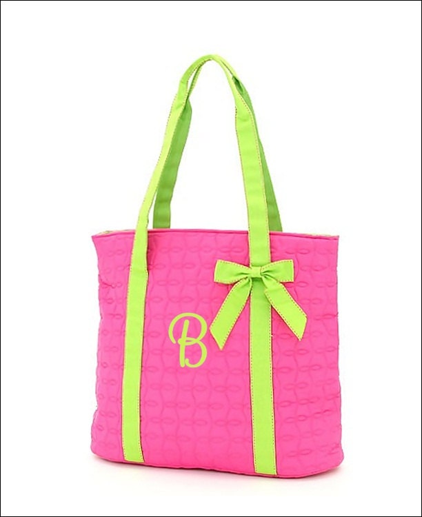 Items similar to Personalized Quilted Tote Bag - Hot Pink with Lime Trim on Etsy