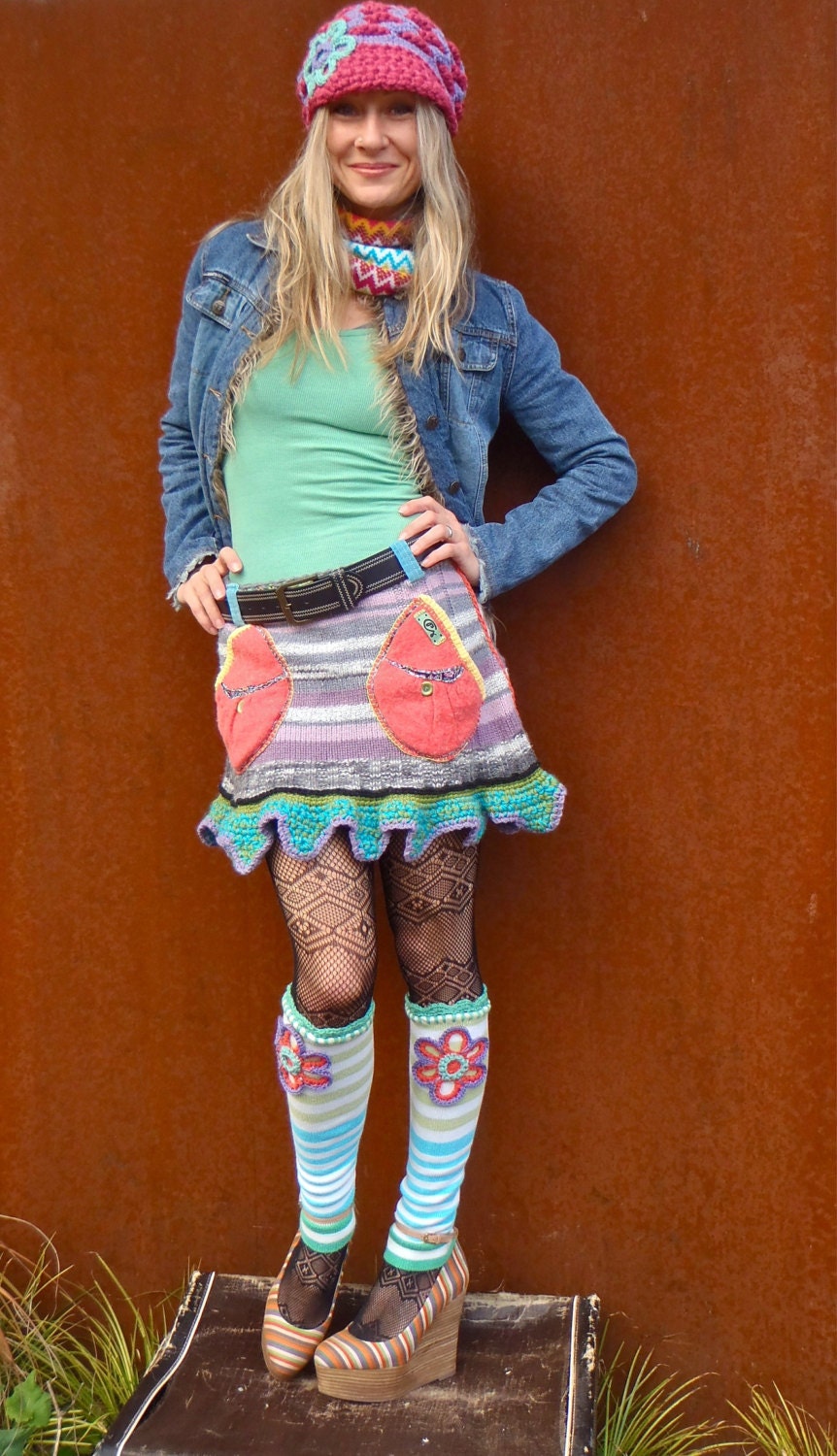 Reserved // Hippie MINI SKIRT sweater skirt Pockets Fairy pixie mini skirt Funky skirt crochet eco friendly unique