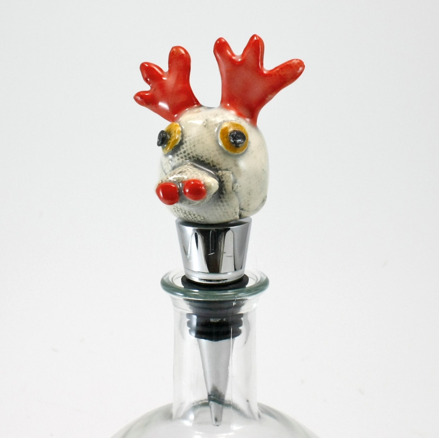 Moose Bottle Stopper with Stainless Steel Stopper "Quirky Cork" ceramic porcelain sculpture in bright orange, mustard and white