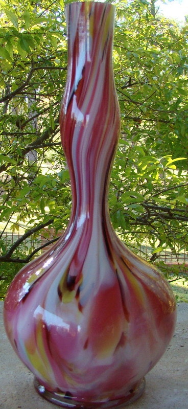 Vintage Cranberry Art Cased Glass Pink Red Yellow Spatter Swirl End of Day Vase Shabby
