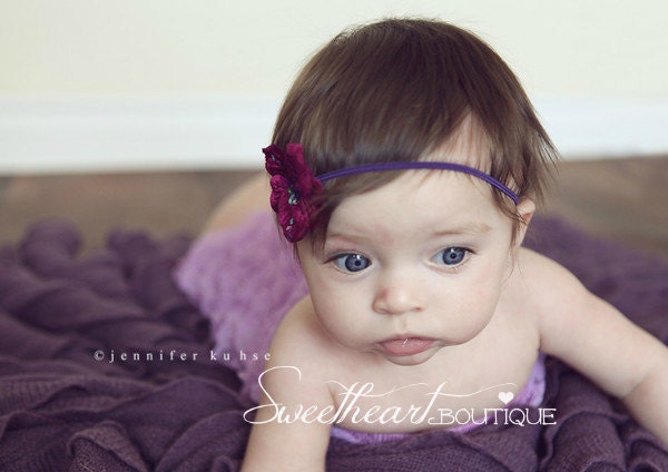 Eggplant Purple Sequin Velvet Flower with Purple Stretchy Skinny Newborn Baby or Girls Headband or Hair Clip