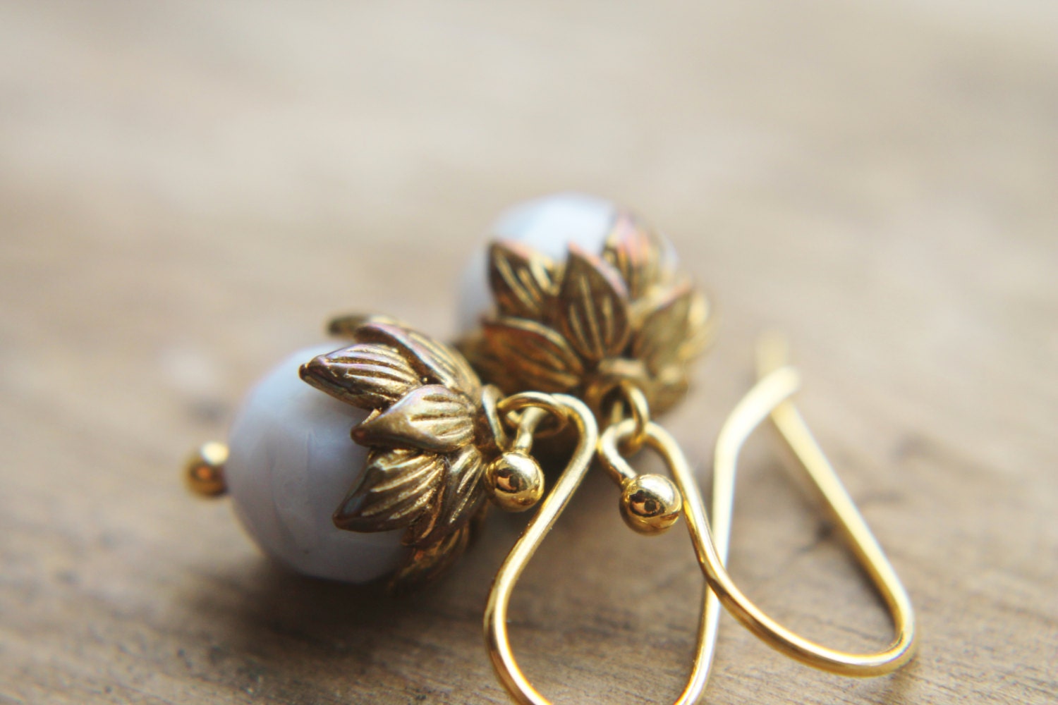 Small Blue Earrings - Petite Lace Agate Drop Gemstone Handmade Jewelry Gifts for Her in 14k Gold.