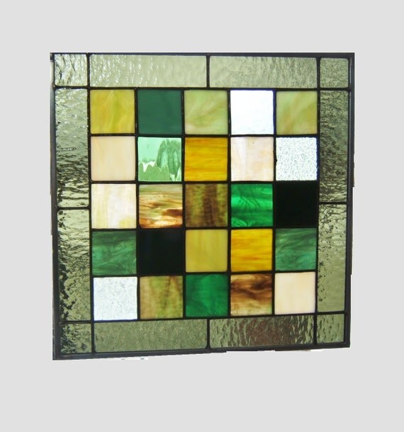 Green square stained glass panel window hanging by SGHovel on Etsy