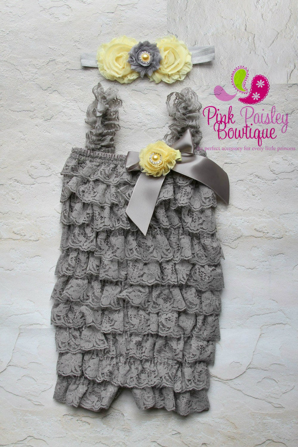 Lace Petti Romper 3 pc SET Grey Baby by Pinkpaisleybowtique