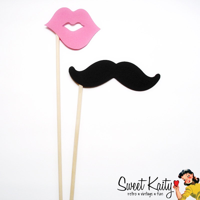 12 Mustache and Lips on a Stick Photo Booth Prop Set - Black Mustaches and Pink Lips - READY TO SHIP Il_570xn